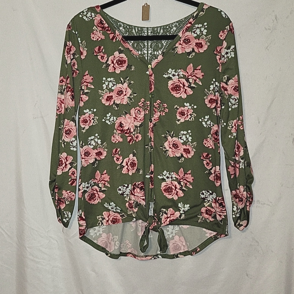 No Boundaries Top Olive Green With Floral Print Tie On Front